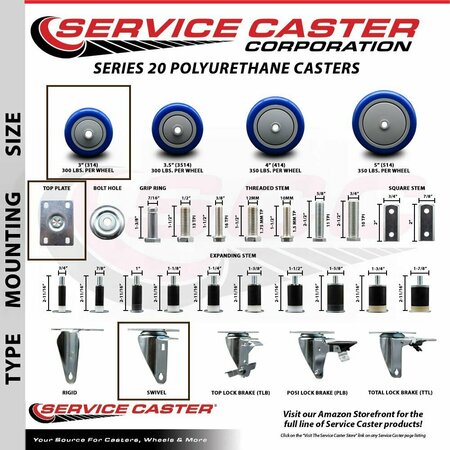 Service Caster 3'' Blue Poly Wheel Swivel Top Plate Caster Set with 2 Posi Brakes, 4PK SCC-20S314-PPUB-BLUE-2-PLB-2